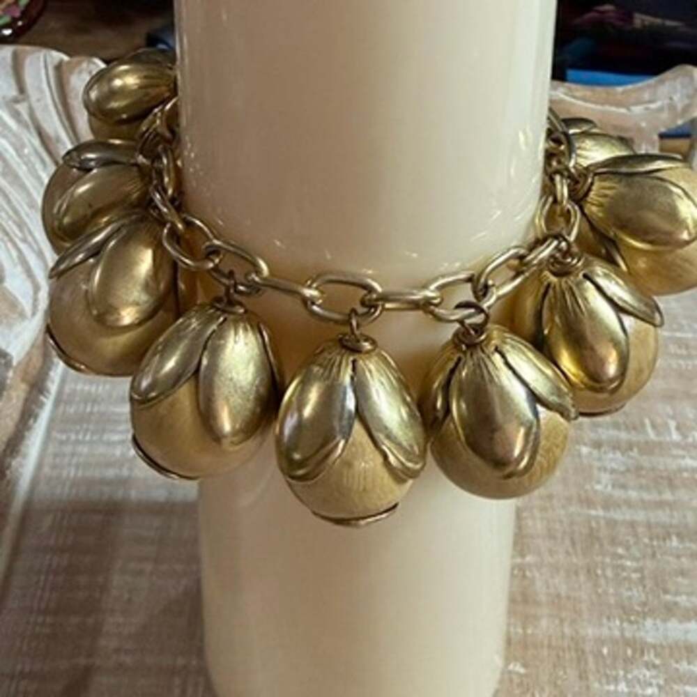 Anthropologie Lenora Dame Bracelet Gold Tone Acorn Chunky Link Statement Boho